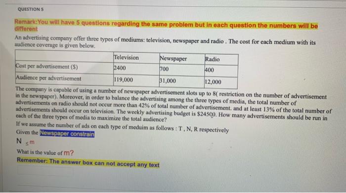 QUESTIONS Remark:You will have 5 questions