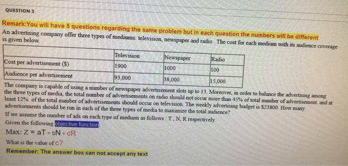 QUESTION 3 Remark:You will have 5 questions