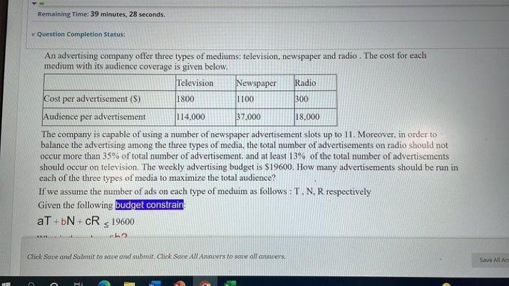 Remaining Time: 39 minutes, 28 seconds. Question