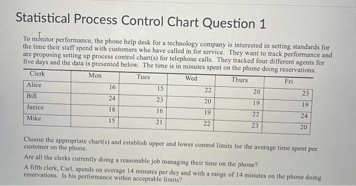 Statistical Process Control Chart Question 1 To