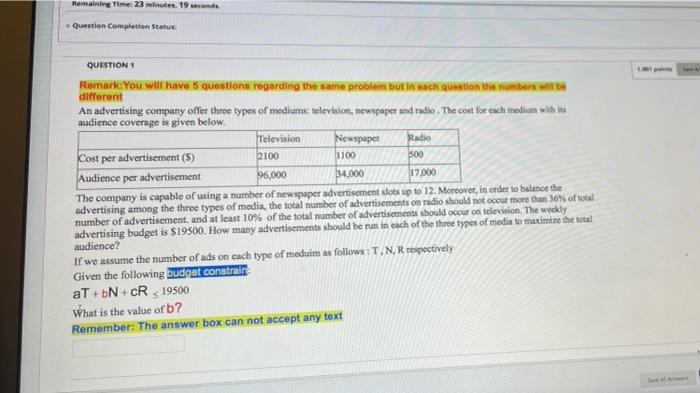 Remaining Time: 23 minutes. 19 seconds Question