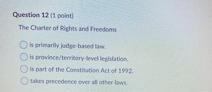 Question 12 (1 point) The Charter of Rights and