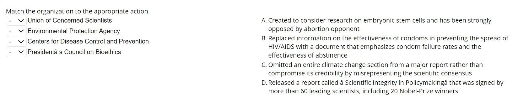 Match the organization to the appropriate action.