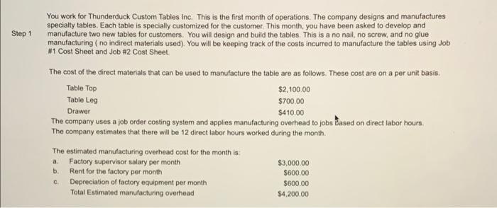 help Step 1 You work for Thunderduck Custom
