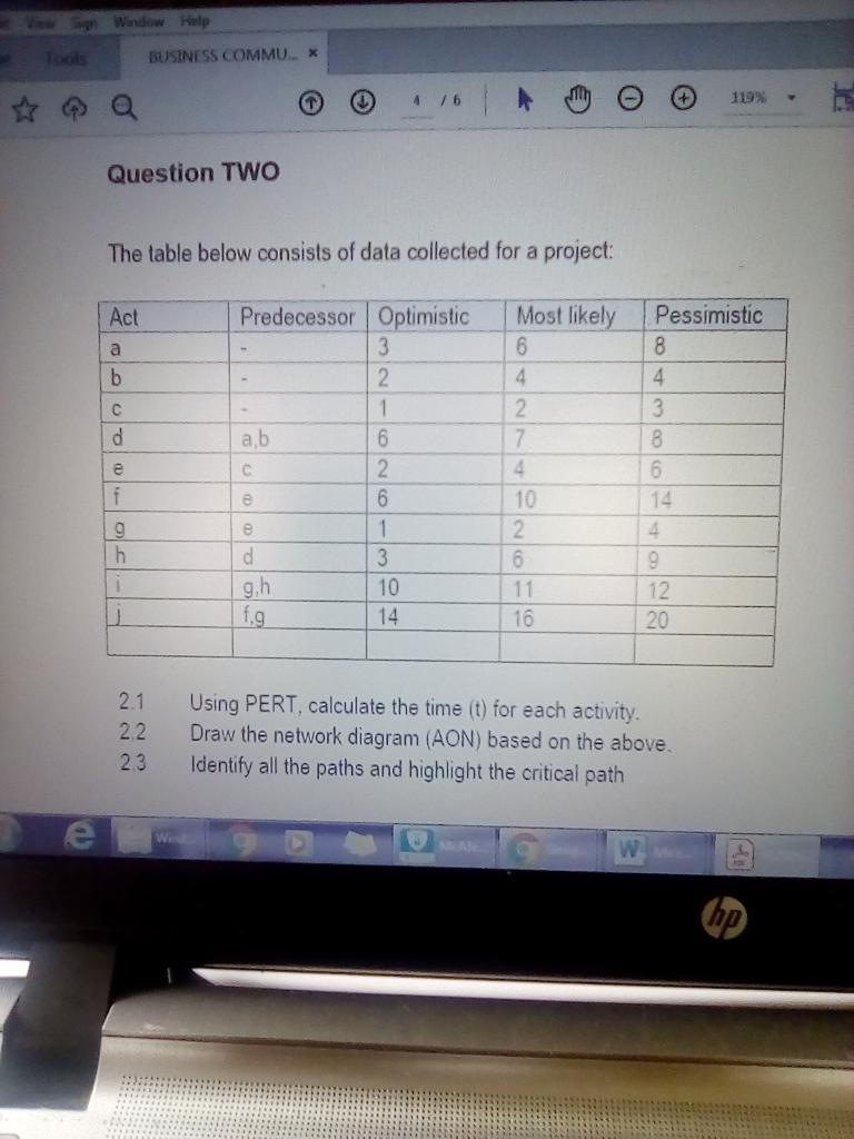 BUSINESS COMMUX 4/6 e O 119% Question TWO The