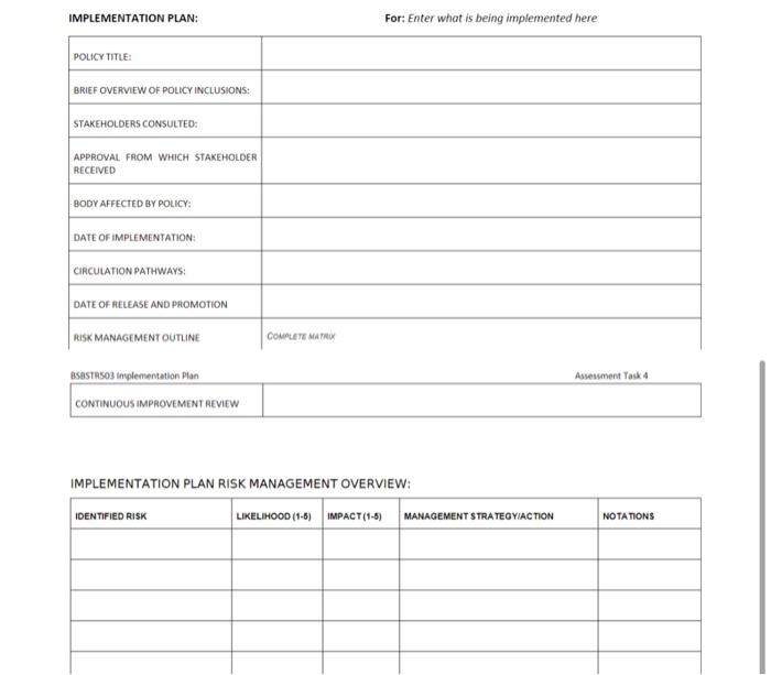 Create an implementation plan and fill up the