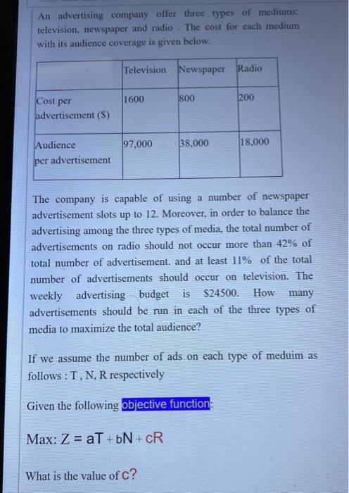An advertising company offer three types of