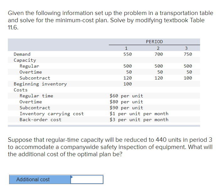 Given the following information set up the