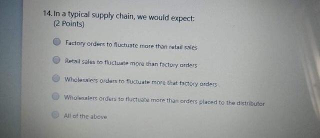 14. In a typical supply chain, we would expect (2