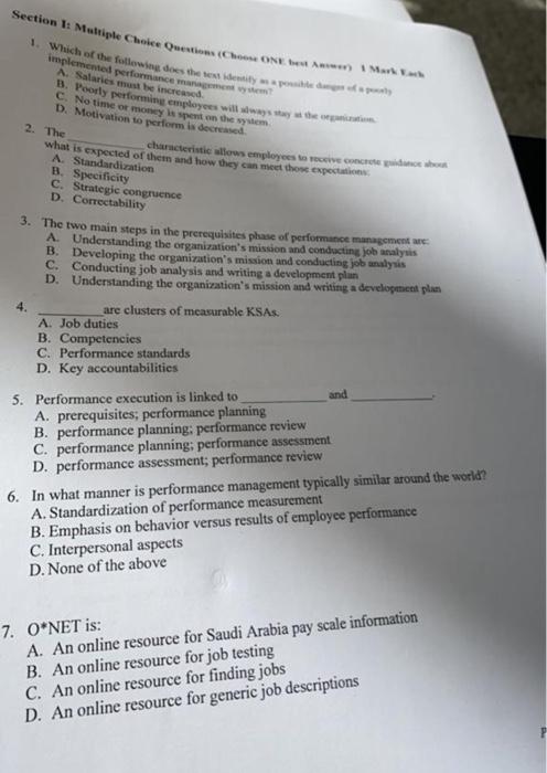 Section 1: Multiple Choice Questions (Choose ONE