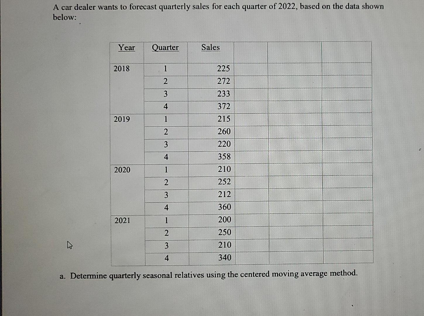A car dealer wants to forecast quarterly sales