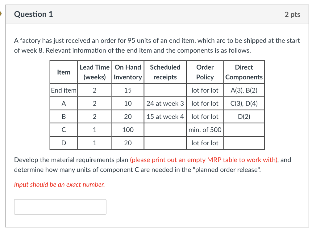 Question 1 2 pts A factory has just received an