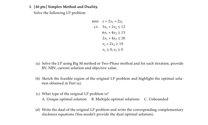 4. [40 pts] Simplex Method and Duality. Solve the