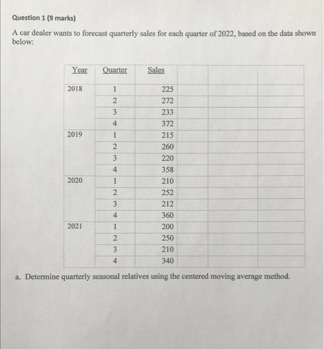 Question 1 (9 marks) A car dealer wants to