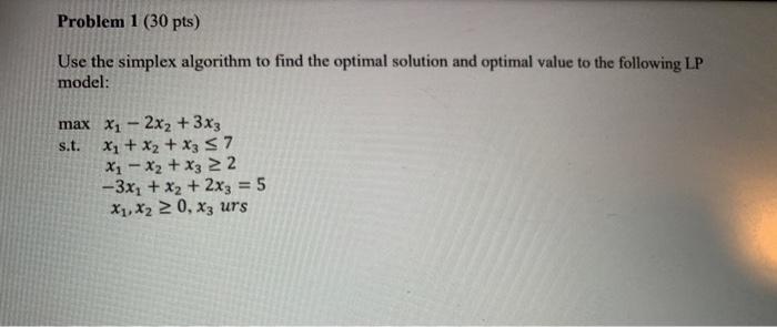 Problem 1 (30 pts) Use the simplex algorithm to