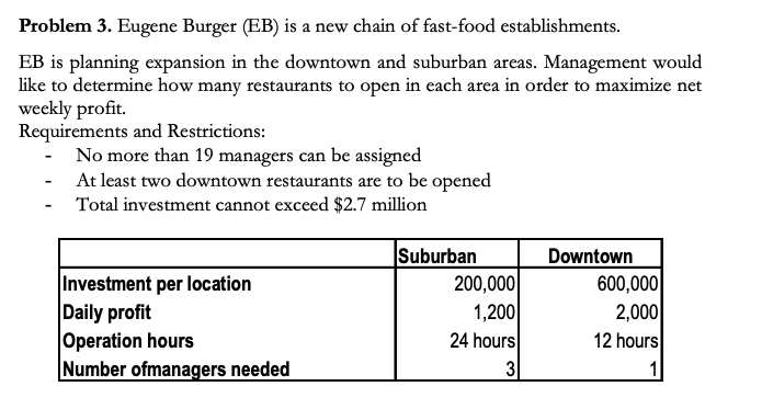 Problem 3. Eugene Burger (EB) is a new chain of