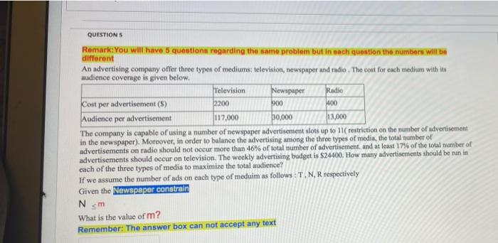 QUESTIONS Remark: You will have 5 questions