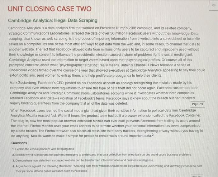 UNIT CLOSING CASE TWO Cambridge Analytica: