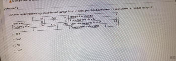 Moving to Aug Question 11 ABC company is