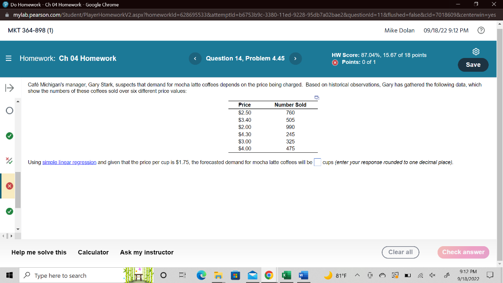 Using simple linear regression and given that the