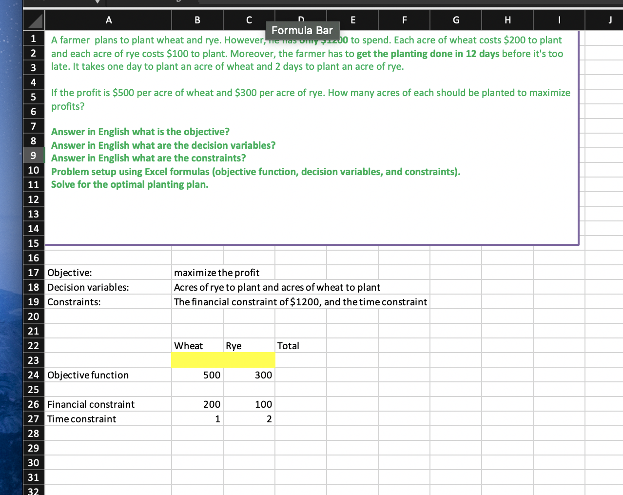 *only 1200 to spend. Use Solver. A C D I E F G H