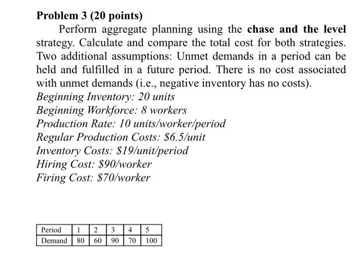 Problem 3 (20 points) Perform aggregate planning