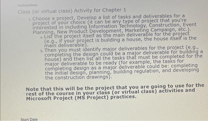 project management Instructions Class (or virtual