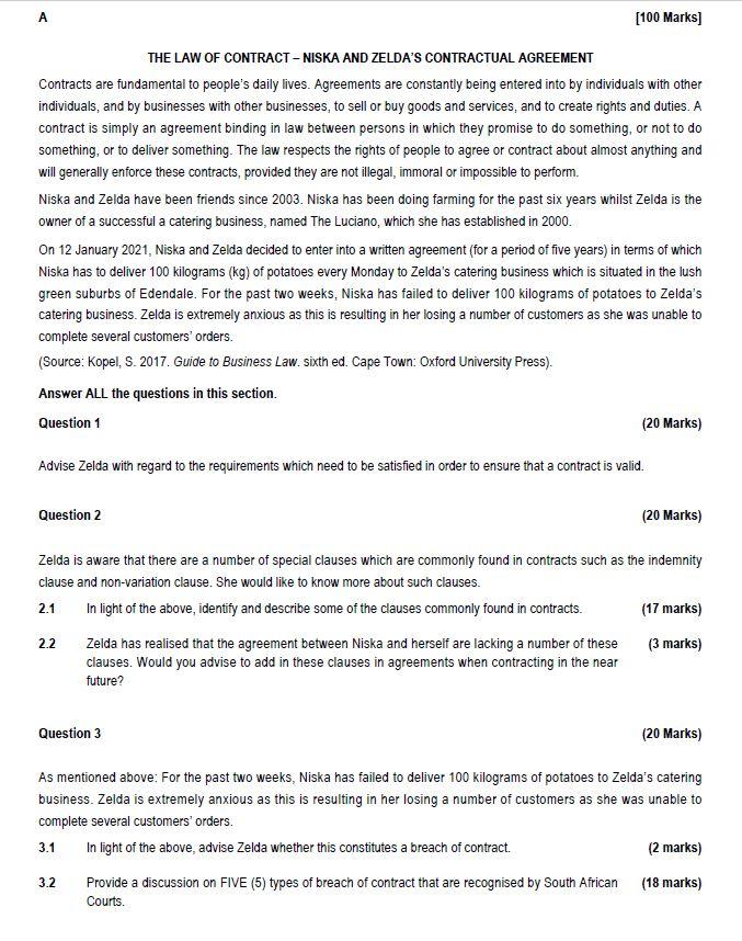 A [100 Marks] THE LAW OF CONTRACT - NISKA AND