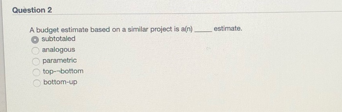Question 2 estimate. A budget estimate based on a