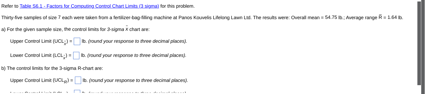 Refer to Table S6.1 - Factors for Computing