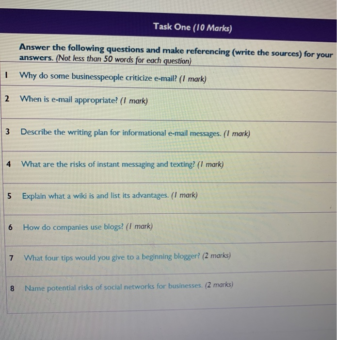 Task One (10 Marks) Answer the following