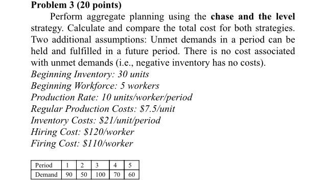 Problem 3 (20 points) Perform aggregate planning
