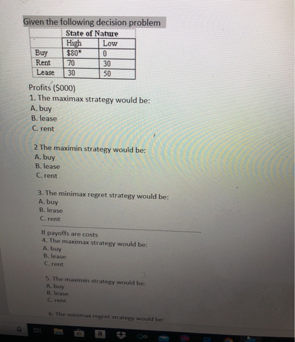 answer 1-6 30 Given the following decision