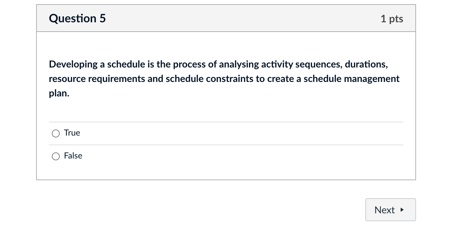Question 5 1 pts Developing a schedule is the