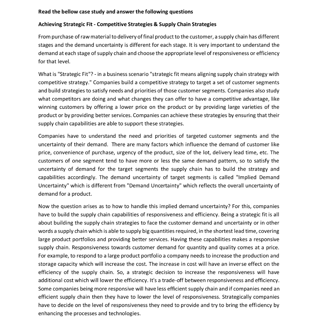 supply chain management Please read the case