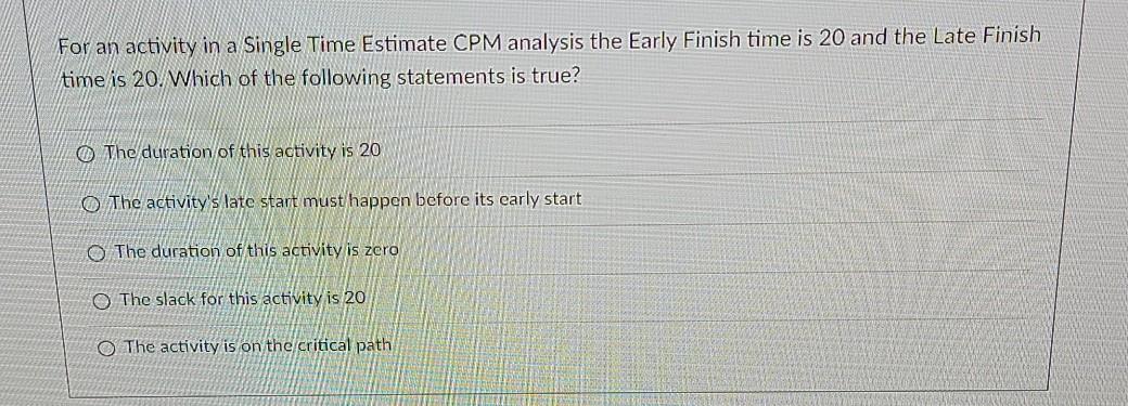 For an activity in a Single Time Estimate CPM