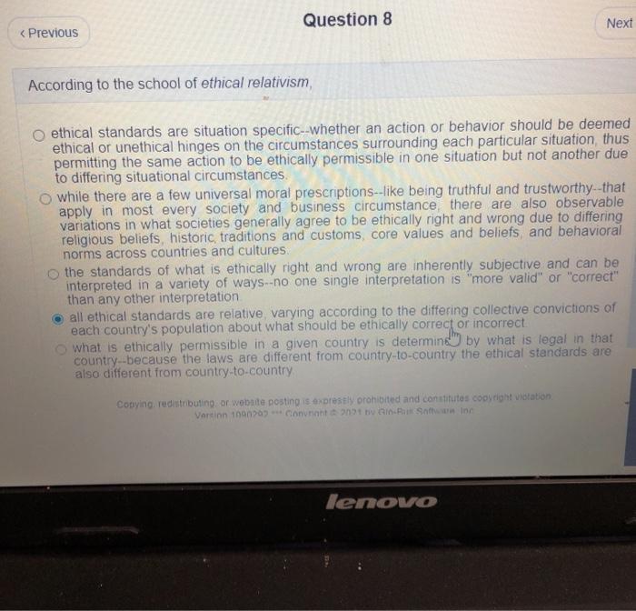 Question 8 Next < Previous According to the