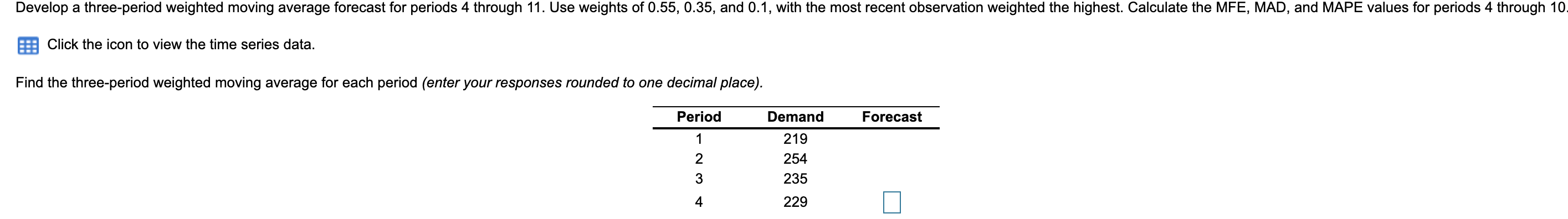 Develop a three-period weighted moving average