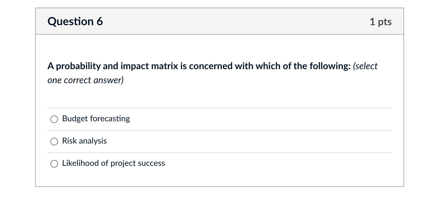 Question 6 1 pts A probability and impact matrix