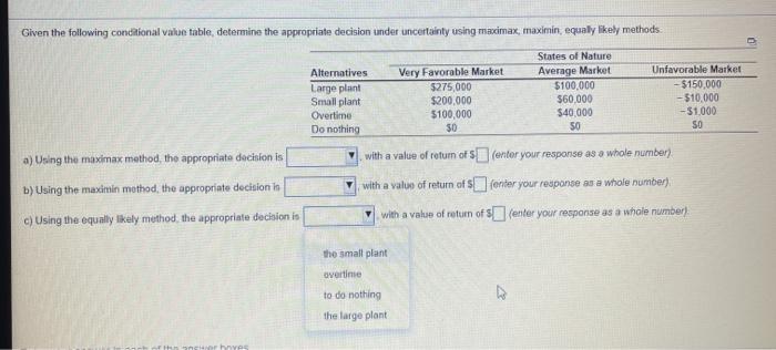 Given the following conditional value table,