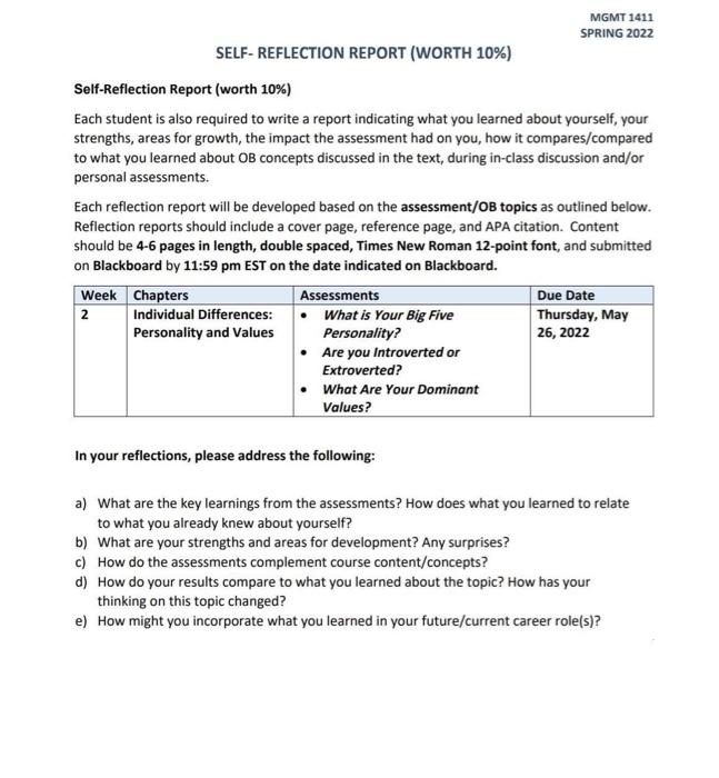 MGMT 1411 SPRING 2022 SELF-REFLECTION REPORT