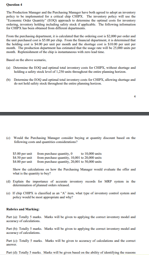 Question 4 The Production Manager and the