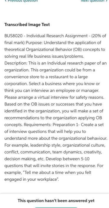  question ques! Transcribed Image Text BUS8020 - Individual Research Assignment -