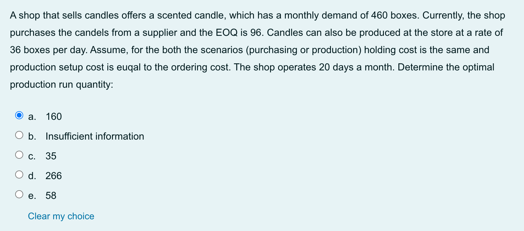In the basic EOQ model, if annual demand is 140,