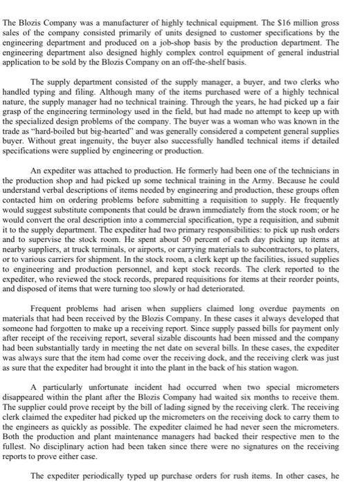 question: Blozis - You are the purchasing manager