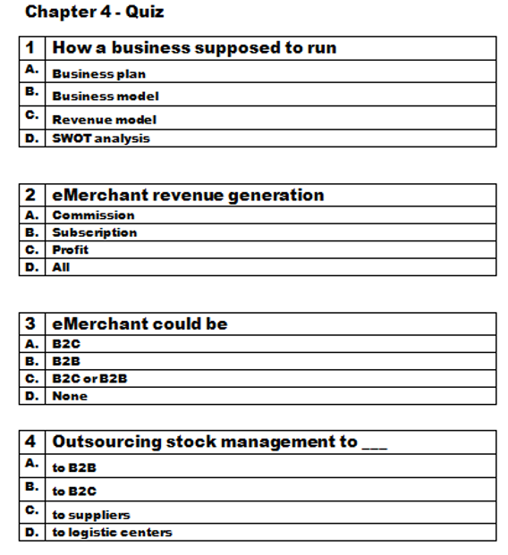 please answer the questions Chapter 4 - Quiz 1