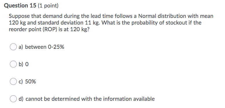 Question 15 (1 point) Suppose that demand during