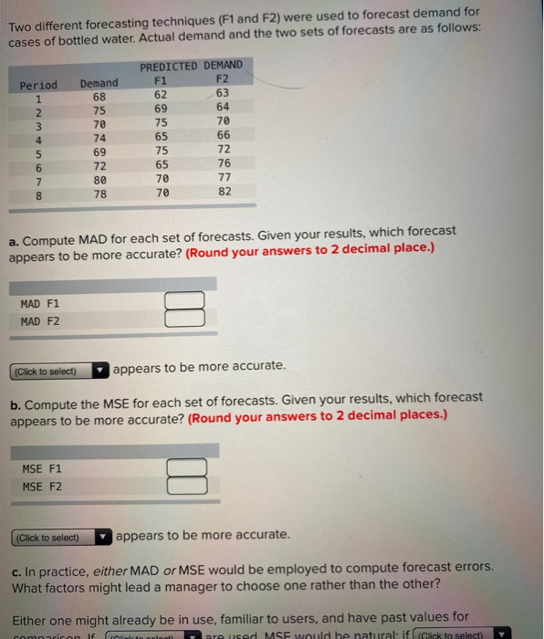 Two different forecasting techniques (F1 and F2)