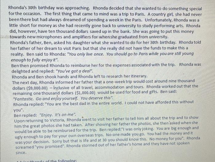 Rhonda's 30th birthday was approaching. Rhonda