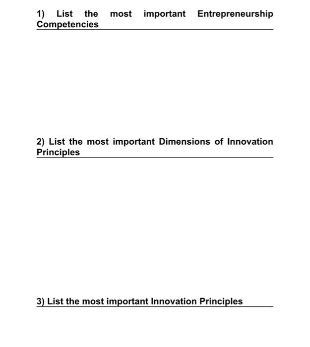 1) List the most important Entrepreneurship
